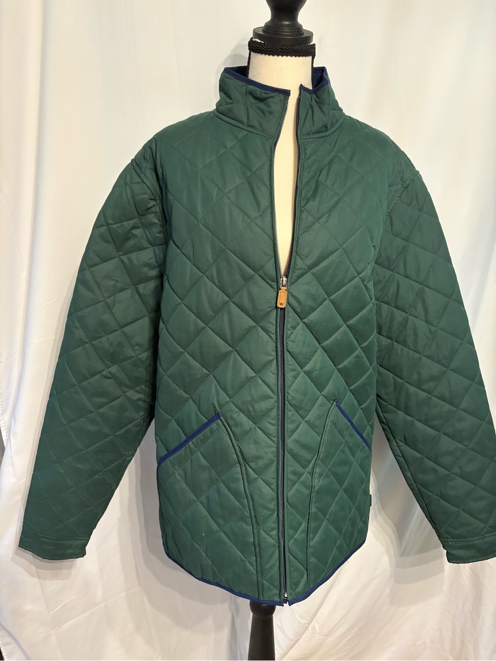crown & ivy Women’s preppy Quilted Green Full Zip Jacket with Navy Interior